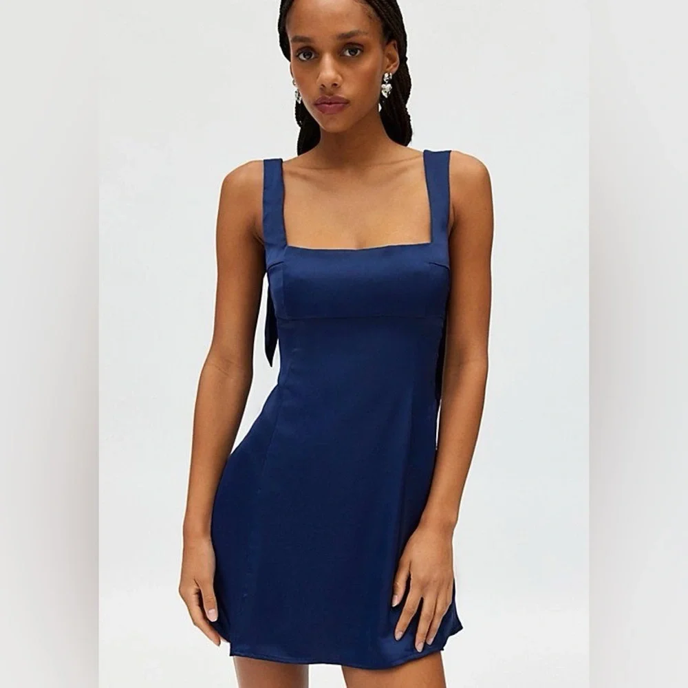 Urban Outfitters Bri Double Bow Satin Mini Dress in Blue - Picture 4 of 15